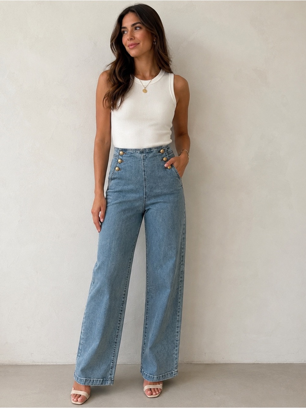 High-Rise Wide-Leg Jeans with Decorative Buttons in Light Blue